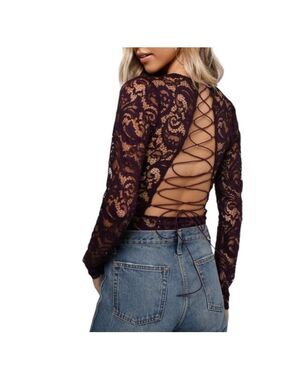 Tobi Show Stoppin Lace Up Open Back Deep V Black Lace Long Sleeve Bodysuit